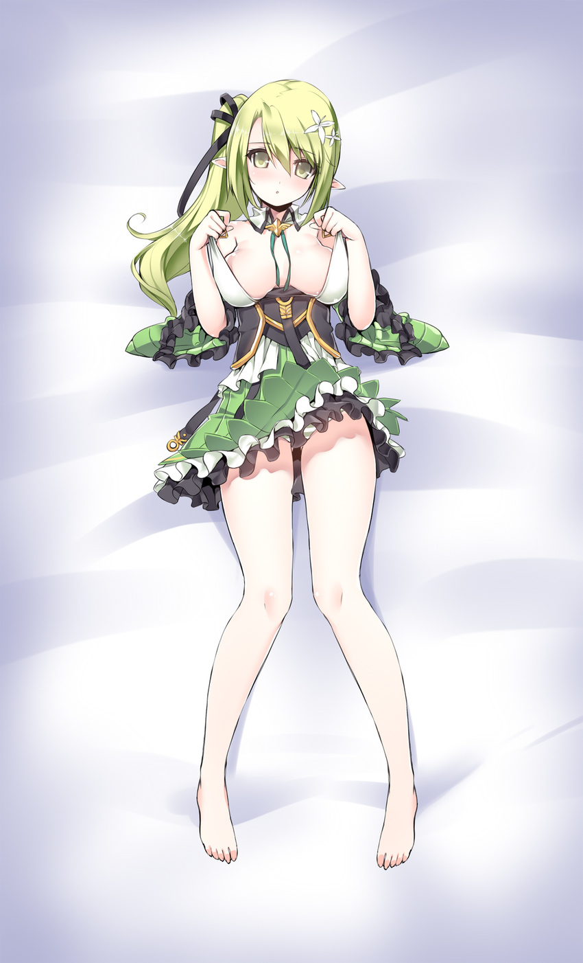 bad_id bad_pixiv_id bare_legs bare_shoulders barefoot breasts detached_collar detached_sleeves dress dress_lift elf elsword flower green_eyes green_hair green_sleeves hair_flower hair_ornament hair_ribbon highres kuro_(kuronell) large_breasts long_hair looking_at_viewer lying open_mouth panties pointy_ears rena_(elsword) ribbon side_ponytail solo striped striped_panties underwear undressing wind_sneaker_(elsword)