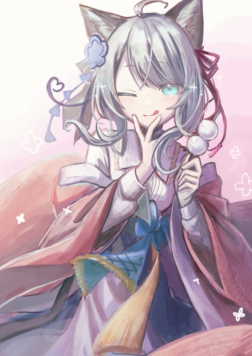 1girl :q ;) absurdres ahoge animal_ears aqua_eyes arknights blue_bow blush bow cat_ears cat_girl closed_mouth commentary_request cowboy_shot dango eyes_visible_through_hair flower food frilled_shirt_collar frills grey_hair hair_flower hair_ornament hair_ribbon hand_to_own_mouth highres holding holding_food japanese_clothes long_sleeves looking_at_viewer medium_hair mint_(arknights) mint_(tsukiyoi)_(arknights) miritenoru off_shoulder official_alternate_costume one_eye_closed pink_ribbon purple_flower ribbon shirt smile solo sparkle split_mouth tongue tongue_out wagashi white_shirt wide_sleeves