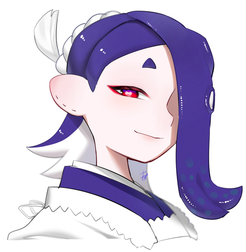 1girl blue_hair cephalopod_eyes closed_mouth commentary_request cropped_shoulders eyeshadow hachimaki hair_over_one_eye headband highres iii_tkg long_hair looking_at_viewer makeup nejiri_hachimaki red_eyes red_eyeshadow shiver_(splatoon) simple_background smile solo splatoon_(series) tentacle_hair thick_eyebrows upper_body white_background