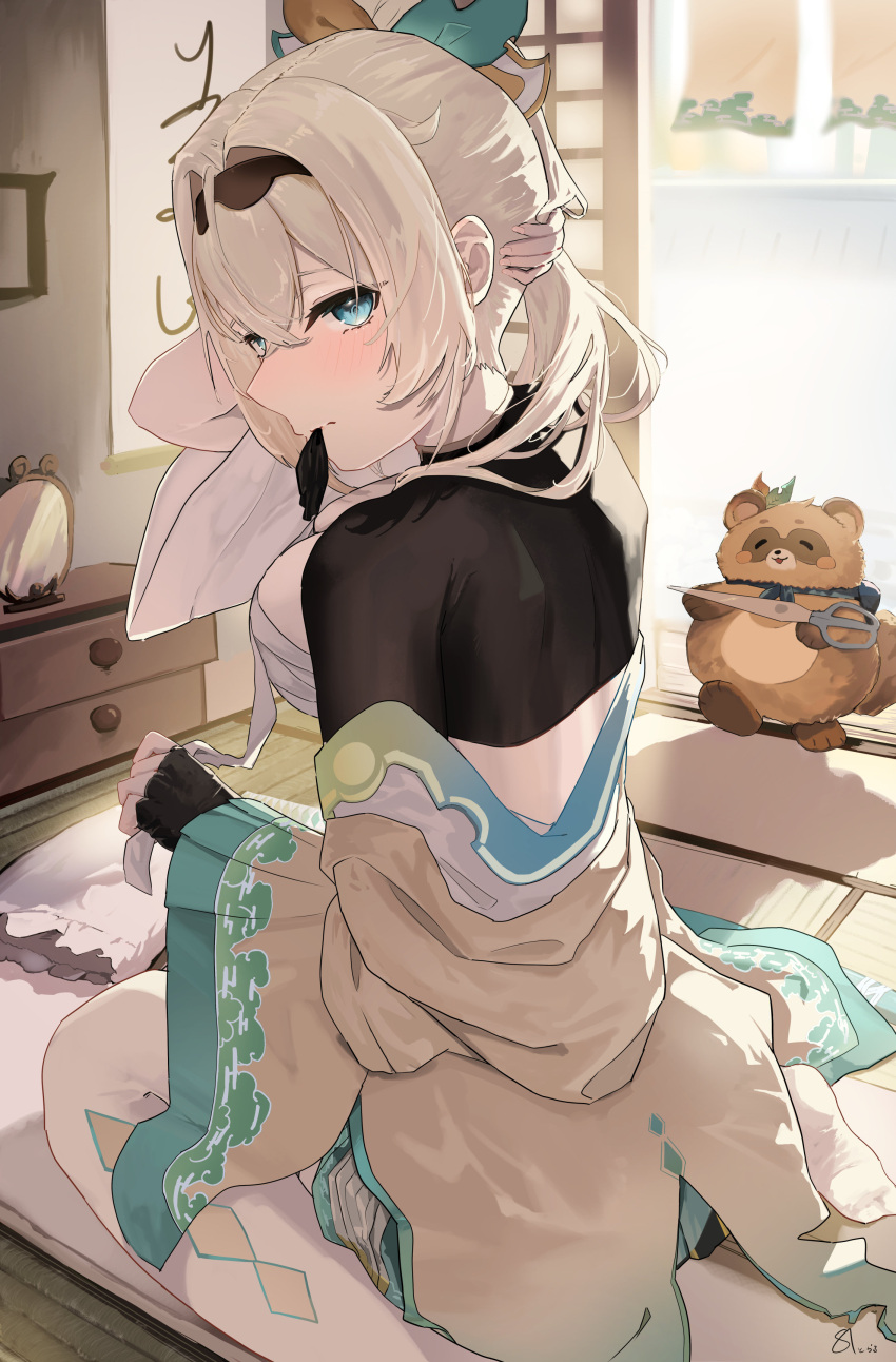 1girl absurdres astoral blonde_hair blue_eyes blush breasts fingerless_gloves gloves hair_between_eyes hair_ornament highres hololive japanese_clothes kazama_iroha looking_at_viewer pokobee ponytail sarashi solo virtual_youtuber