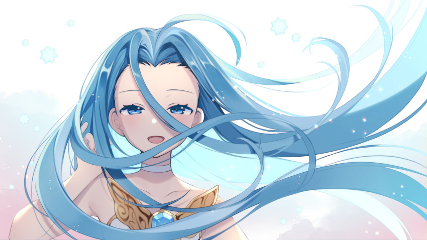 1girl blue_eyes blue_hair commentary dress granblue_fantasy hase_neet highres long_hair looking_at_viewer lyria_(granblue_fantasy) open_mouth solo upper_body white_background white_dress wind