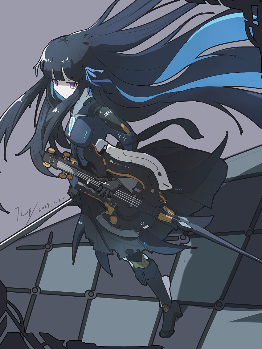 1girl 7cupcoffee absurdres black_dress black_hair blue_hair blue_ribbon colored_inner_hair dated dress dutch_angle from_above full_body hair_ribbon highres holding holding_instrument instrument long_hair long_sleeves mechanical_arms mechanical_hands mechanical_legs multicolored_hair punishing:_gray_raven purple_eyes ribbon selena:_tempest_(punishing:_gray_raven) selena_(punishing:_gray_raven) sidelocks signature solo