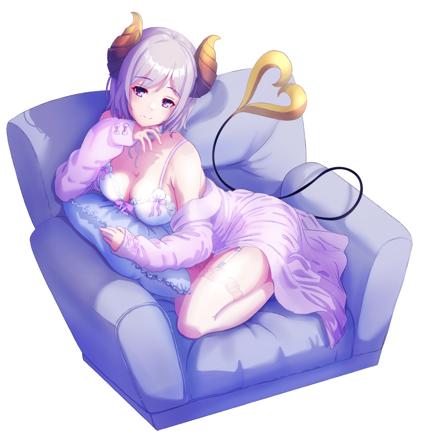 1girl absurdres armchair blush bow bow_bra bra breasts brown_horns chair cleavage closed_mouth coat coat_partially_removed commentary_request demon_girl demon_horns demon_tail full_body garter_straps hand_on_own_chin highres horns konekoneko_(konekopi) large_breasts long_sleeves looking_at_viewer medium_bangs nanashi_inc. pillow pink_bow pink_thighhighs purple_coat purple_eyes purple_hair saionji_mary short_hair simple_background sitting_sideways smile solo tail thighhighs transparent_background underwear virtual_youtuber white_bra