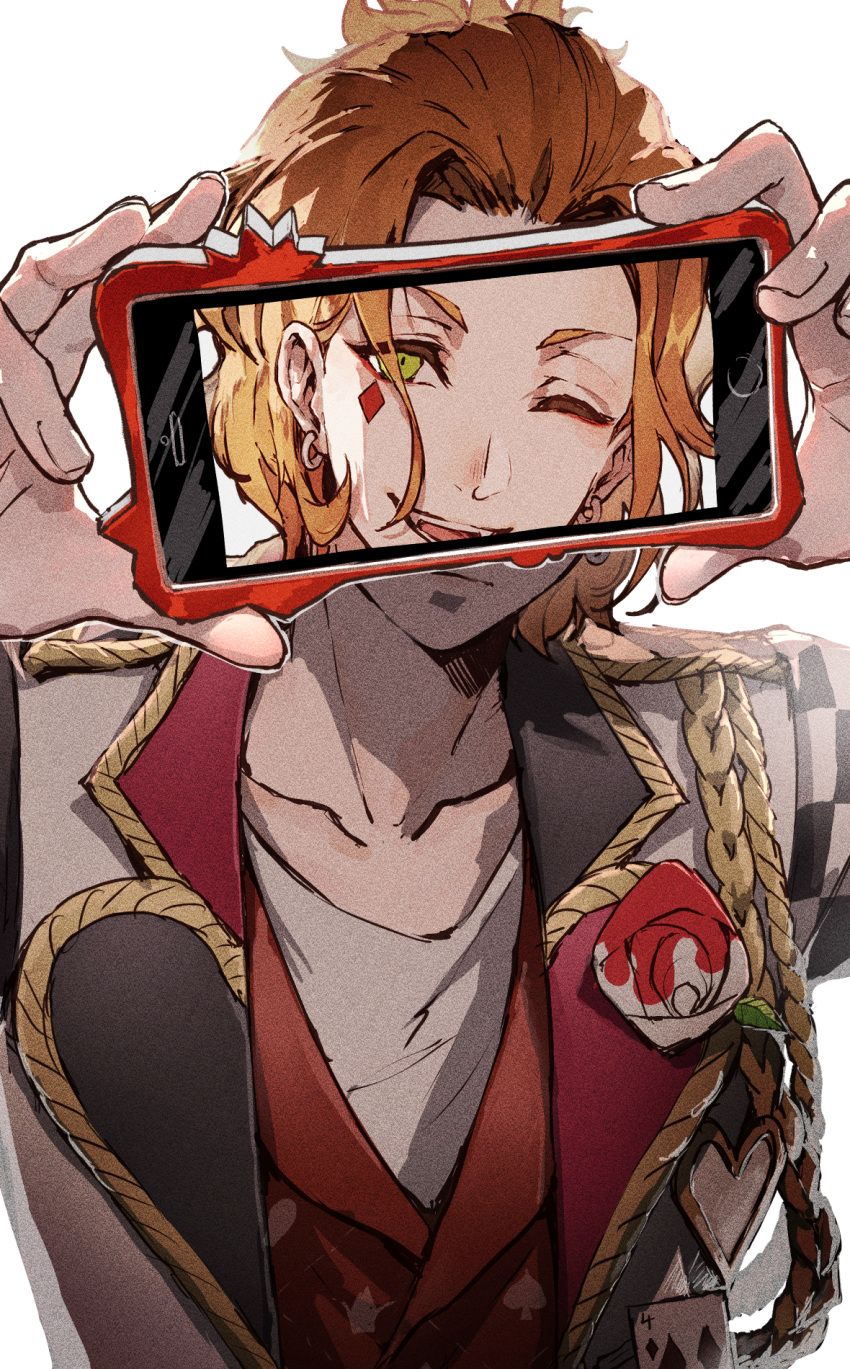 1boy akazu_kieshi cater_diamond earrings flower green_eyes grey_jacket grey_shirt hands_up highres holding holding_phone jacket jewelry long_sleeves looking_at_viewer male_focus one_eye_closed open_mouth orange_hair phone rose screen selfie shirt short_hair simple_background solo twisted_wonderland upper_body white_background