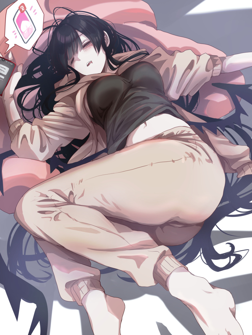 1girl antenna_hair barefoot black_hair black_wings blue_archive blush breasts brown_jacket cellphone drooling highres jacket komena_(shinyday312) large_breasts long_hair mouth_drool navel open_mouth pants phone sleeping smartphone solo tsurugi_(blue_archive) wings yellow_pants