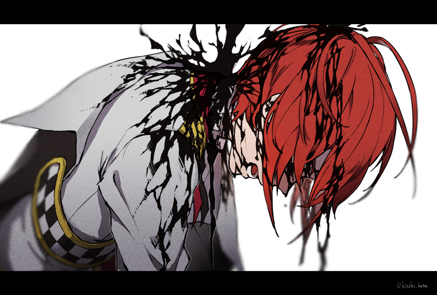 1boy akazu_kieshi artist_name black_liquid collared_jacket covered_eyes facing_down grey_jacket highres jacket letterboxed long_sleeves male_focus open_mouth red_hair riddle_rosehearts simple_background solo twisted_wonderland twitter_username upper_body white_background