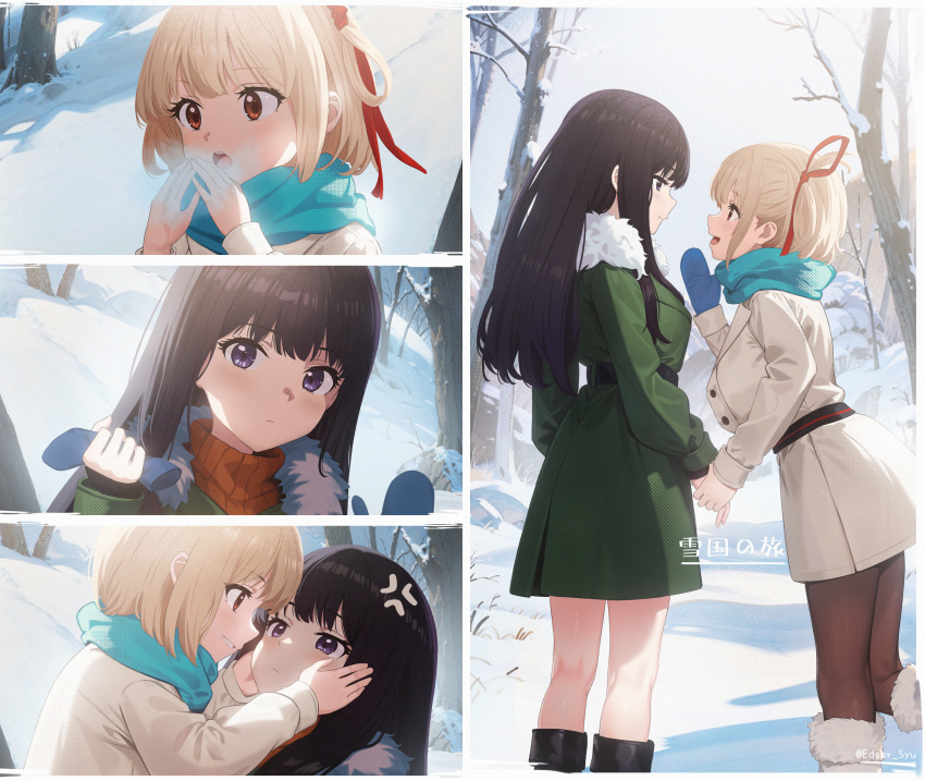 2girls absurdres anger_vein belt black_belt black_footwear black_hair black_pantyhose blonde_hair blue_mittens blue_scarf boots breath closed_mouth coat commentary_request edgar_syu eye_contact film_grain fur-trimmed_boots fur_trim green_coat hair_ribbon hands_on_another's_cheeks hands_on_another's_face highres holding_hands inoue_takina long_hair long_sleeves looking_at_another lycoris_recoil mittens multiple_girls nishikigi_chisato one_side_up open_mouth outdoors pantyhose pout purple_eyes red_eyes red_ribbon ribbon scarf sidelocks snow translation_request white_coat yuri