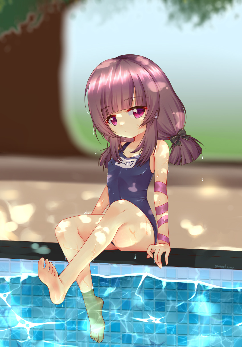 1girl absurdres arm_ribbon barefoot blue_one-piece_swimsuit bow breasts brown_hair expressionless fallenshadow feet hair_bow highres indie_virtual_youtuber leg_up legs long_hair looking_at_viewer low-tied_long_hair low_twintails mizatsu name_tag old_school_swimsuit one-piece_swimsuit outdoors pink_eyes pool poolside ribbon school_swimsuit sitting small_breasts soaking_feet soles solo swimsuit thighs toes twintails virtual_youtuber water wet wet_clothes wet_swimsuit