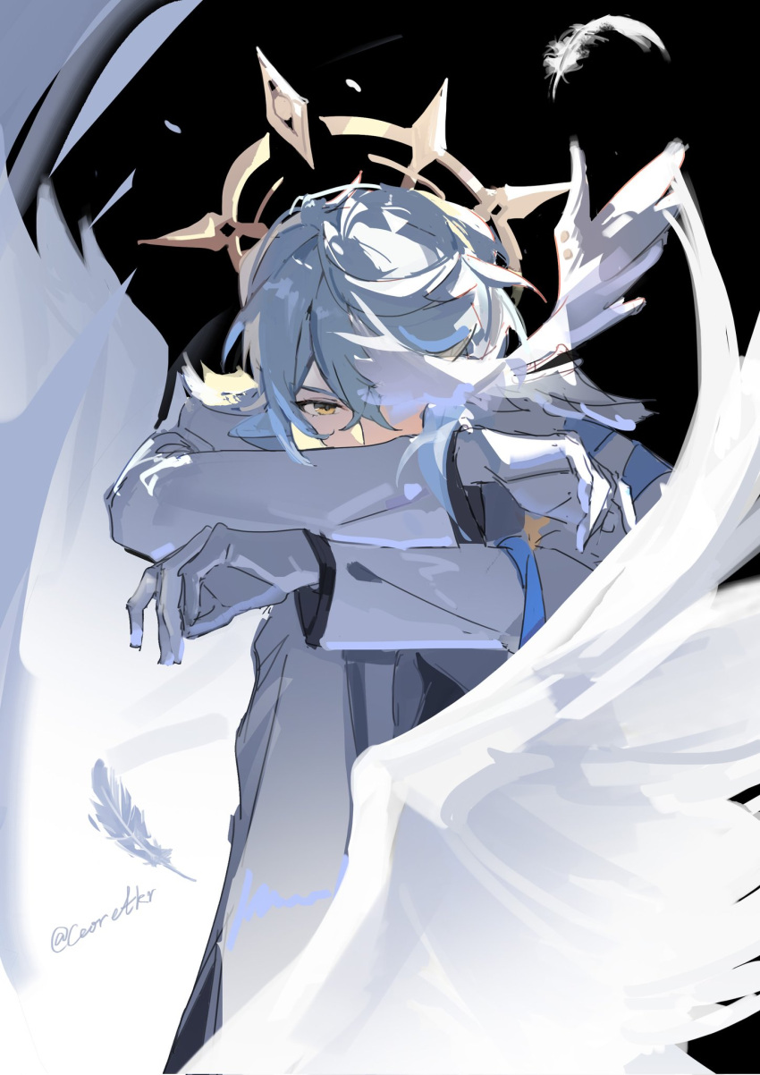 1boy black_background feathers gloves grey_hair halo head_wings highres honkai:_star_rail honkai_(series) long_sleeves male_focus qin_yang short_hair solo sunday_(honkai:_star_rail) white_gloves white_wings wings yellow_eyes