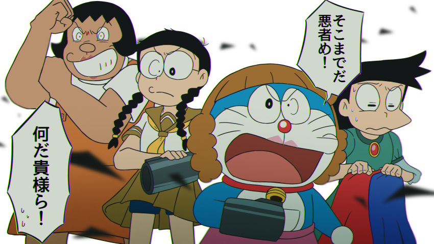 brown_hair crossdressing crossed_arms doraemon doraemon_(character) dress evil_grin evil_smile gouda_takeshi grin highres holding holding_clothes honekawa_suneo jewelry lipstick makeup nobi_nobita orange_dress pendant pinafore_dress pink_lips red_lips school_uniform serafuku shorts shorts_under_skirt sleeveless sleeveless_dress smile speech_bubble sweatdrop wig yellow_serafuku yoriyosi