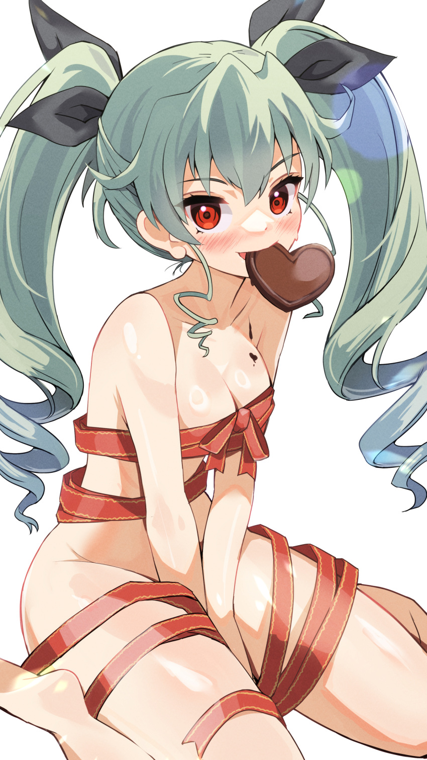 1girl absurdres anchovy_(girls_und_panzer) bare_shoulders barefoot between_legs black_ribbon blaze_(blazeillust) blush breasts candy chocolate chocolate_on_body commentary drill_hair feet food food_in_mouth food_on_body food_on_breasts girls_und_panzer green_hair hair_between_eyes hair_ribbon hand_between_legs heart heart-shaped_chocolate highres long_hair looking_at_viewer medium_breasts mouth_hold naked_ribbon red_eyes red_ribbon ribbon simple_background sitting soles solo twin_drills twintails valentine wariza white_background