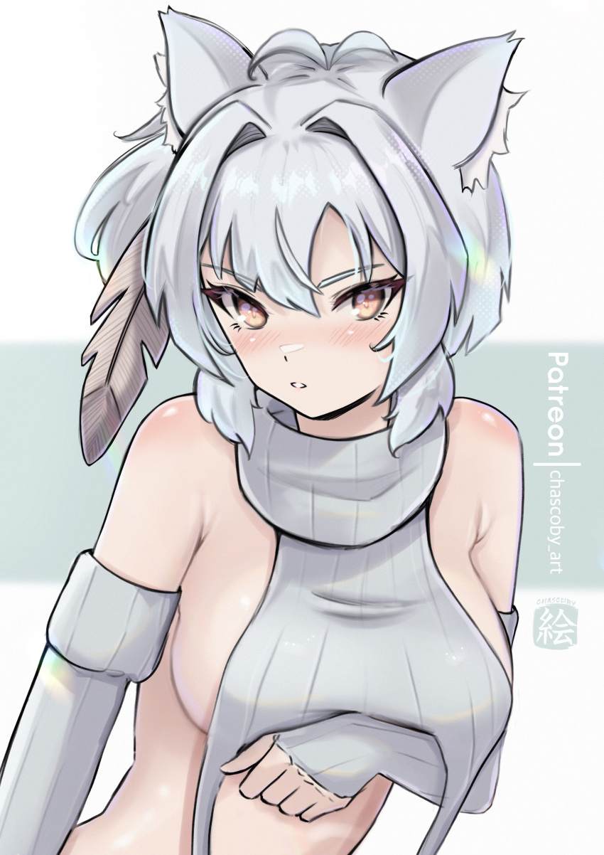 1girl absurdres animal_ears bare_shoulders breasts chascoby commentary elbow_gloves gloves grey_gloves grey_hair hair_intakes highres kobita_(chascoby) large_breasts looking_at_viewer midriff original parted_lips short_hair solo upper_body yellow_eyes