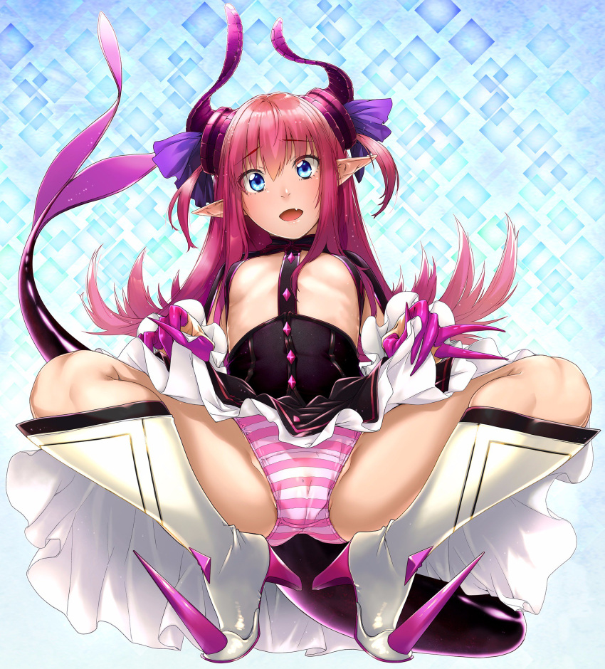 1girl absurdres blue_eyes boots breasts clothes_lift dragon_girl dragon_horns elizabeth_bathory_(fate) elizabeth_bathory_(fate/extra_ccc) fang fate/extra fate/extra_ccc fate/grand_order fate_(series) finger_cots full_body highres horns lifted_by_self long_hair looking_at_viewer minakuchi_takashi open_mouth panties pink_hair pointy_ears revealing_clothes skirt skirt_lift small_breasts solo spiked_boots spread_legs squatting striped_clothes striped_panties tail underwear