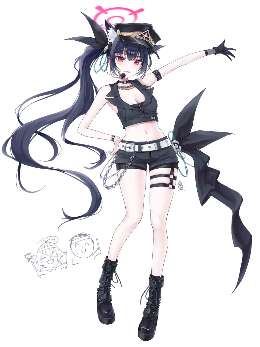 1boy 2girls absurdres alternate_costume alternate_hairstyle animal_ear_fluff animal_ears armband bare_shoulders black_armband black_choker black_footwear black_gloves black_hair black_shorts blue_archive boots breasts cat_ears cat_girl chain chain_necklace choker cleavage crop_top cross-laced_footwear doodle_sensei_(blue_archive) earpiece fang gloves halo hand_on_own_hip highres hoshino_(blue_archive) jewelry long_hair looking_at_viewer medium_breasts midriff multiple_girls navel necklace open_mouth pink_halo red_eyes sensei_(blue_archive) serika_(blue_archive) short_shorts shorts side_ponytail simple_background single_glove sleeveless standing stomach thigh_strap v-shaped_eyebrows very_long_hair visu_02 white_background