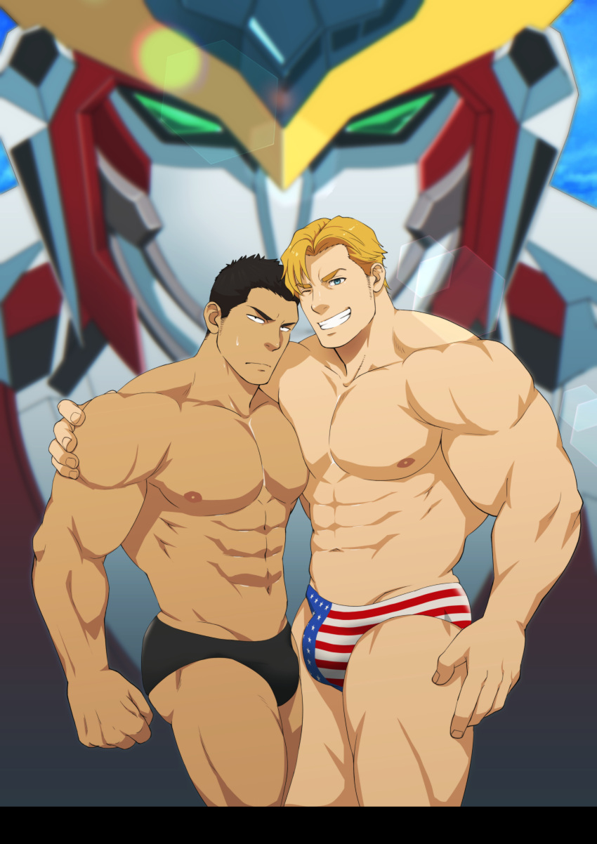 2boys abs absurdres ao_isami bara black_hair black_male_underwear blonde_hair blue_eyes bravern bulge highres large_pectorals lewis_smith male_focus male_underwear mizuki_gai multiple_boys muscular muscular_male navel nipples one_eye_closed pectorals short_hair smile teeth thick_thighs thighs underwear yuuki_bakuhatsu_bang_bravern