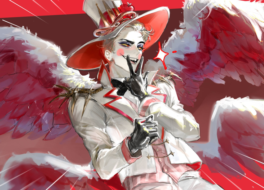 1boy blonde_hair colored_sclera cunnilingus_gesture demon_boy hazbin_hotel highres lucifer_(hazbin_hotel) nicholas_moh raised_eyebrows red_eyes solo suit white_headwear white_suit yellow_sclera