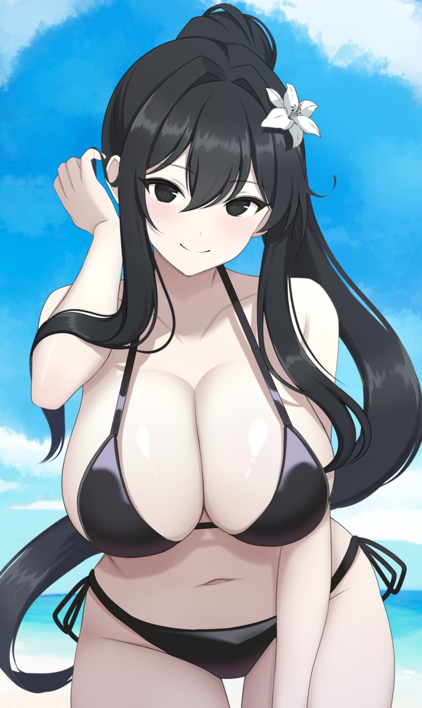 1girl adjusting_hair beach bikini black_bikini black_eyes black_hair blue_sky blush breasts cleavage cloud collarbone commentary_request cowboy_shot day flower fubuki_(senran_kagura) groin hair_between_eyes hair_flower hair_intakes hair_ornament high_ponytail highres horizon large_breasts lily_(flower) long_hair looking_at_viewer navel ocean outdoors pale_skin ponytail sand senran_kagura senran_kagura_new_link shore side-tie_bikini_bottom sidelocks sky smile solo string_bikini surippa1010 swimsuit thigh_gap very_long_hair water white_flower white_lily