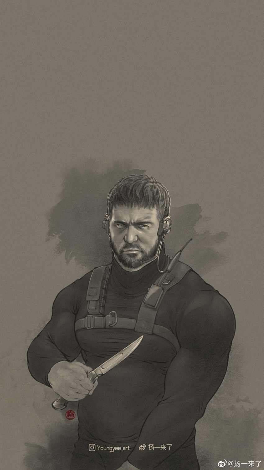 1boy absurdres bara chris_redfield closed_mouth facial_hair highres holding holding_knife holding_weapon instagram_username knife large_pectorals male_focus monochrome muscular muscular_male pants pectorals resident_evil resident_evil_village shirt short_hair solo upper_body weapon weibo_username youngyee_art