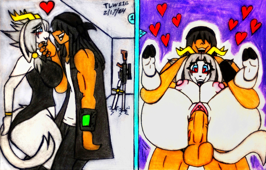 &lt;3 &lt;3_eyes anthro anthro_penetrated antlers big_breasts big_ears blue_eyes blush bovid breasts caprine clothed clothing comic domestic_cat duo feet felid feline felis female front_view full_nelson fur genitals goat grey_body grey_fur grey_hair gun hair hair_over_eyes hand_on_chin happy happy_sex hi_res hooves horn huge_hips human human_on_anthro human_penetrating human_penetrating_anthro hybrid interspecies lagomorph legwear leporid long_ears love male male/female mammal melee_weapon nipples nude panties penetration pseudoregalia pussy rabbit ranged_weapon rifle self_insert sex soles stand_and_carry_position standing standing_sex sword sybil_(pseudoregalia) theloanwanderer216 thick_thighs thigh_highs topwear traditional_media_(artwork) underwear vaginal vaginal_penetration weapon wide_hips