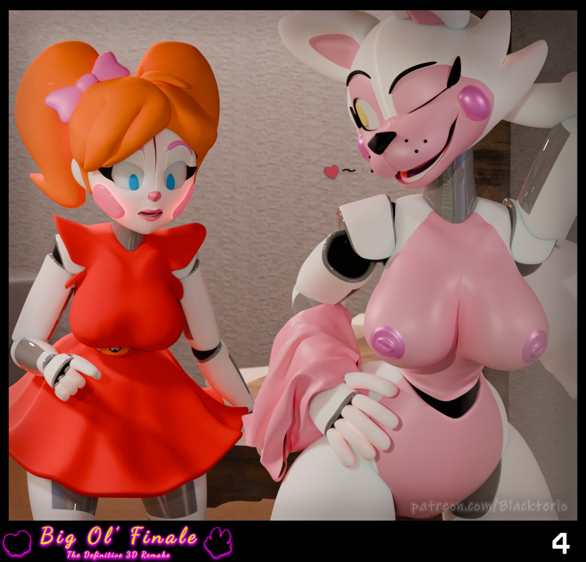 3d_(artwork) anthro blackterio blender_(software) blue_eyes bottomwear circus_baby_(fnaf) clothed clothing digital_media_(artwork) duo female female/female five_nights_at_freddy's five_nights_at_freddy's:_sister_location fully_clothed funtime_foxy_(fnaf) funtime_foxy_(fnafsl) hair hi_res humanoid nude orange_hair red_bottomwear red_clothing red_skirt red_topwear scottgames sister_location skirt suit topless topwear white_body