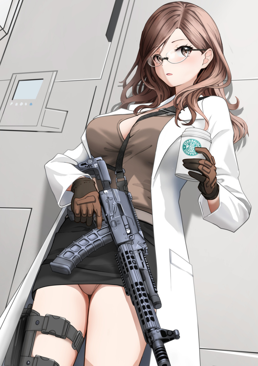 1girl assault_rifle between_breasts black_skirt blush breasts brown_eyes brown_gloves brown_hair brown_shirt coat commentary_request commission cup gibun_(sozoshu) glasses gloves gun highres holding holding_cup holding_gun holding_weapon holster lab_coat long_hair long_sleeves looking_at_viewer medium_breasts open_mouth original panties pink_panties pixiv_commission rifle round_eyewear shirt skirt solo standing starbucks strap_between_breasts tachi-e thigh_holster thighs underwear weapon white_coat