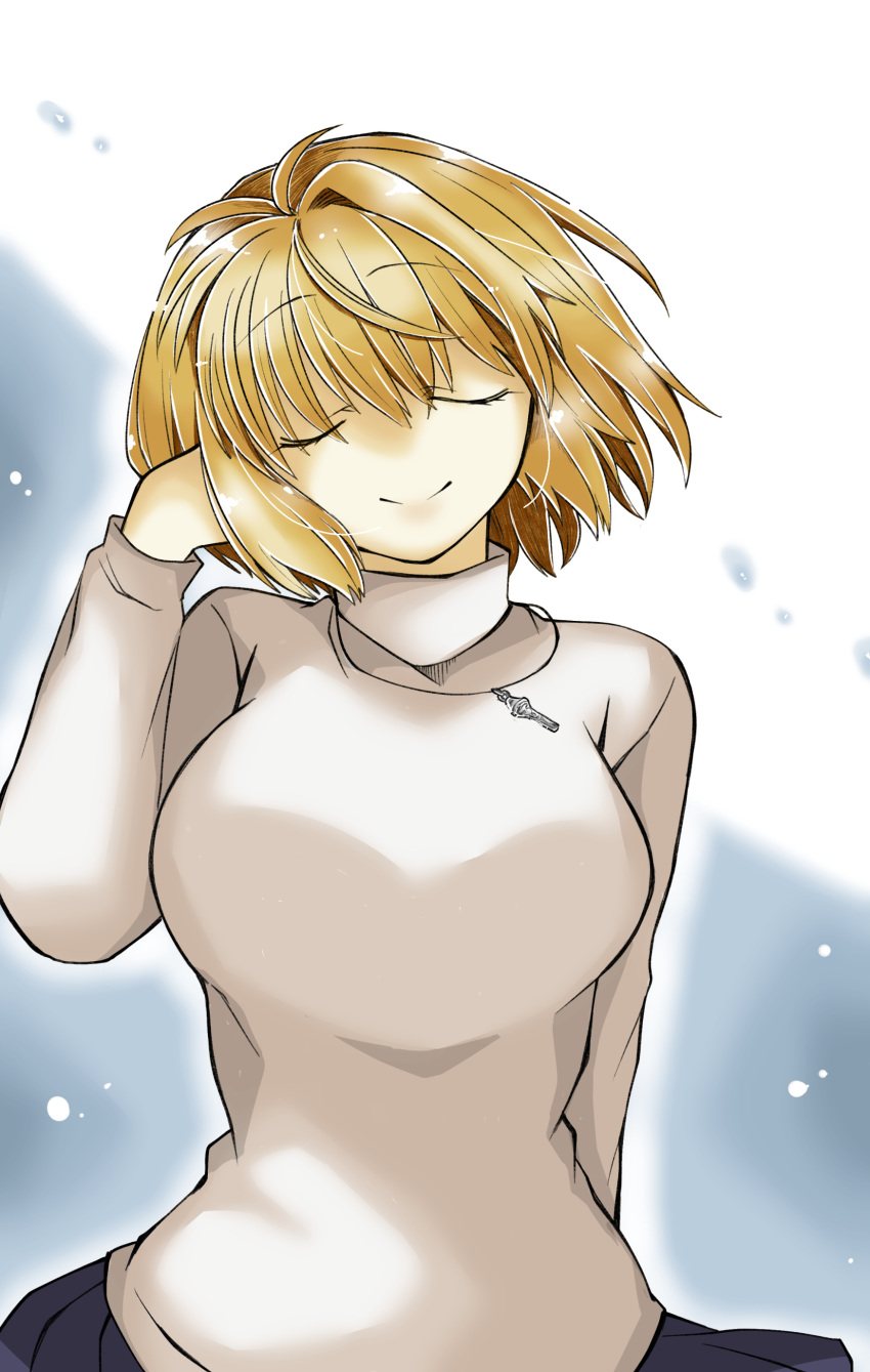 1girl 2323astronomy absurdres antenna_hair arcueid_brunestud blonde_hair breasts hair_intakes highres large_breasts long_skirt long_sleeves purple_skirt short_hair single_hair_intake skirt smile solo sweater tsukihime tsukihime_(remake) turtleneck turtleneck_sweater white_sweater