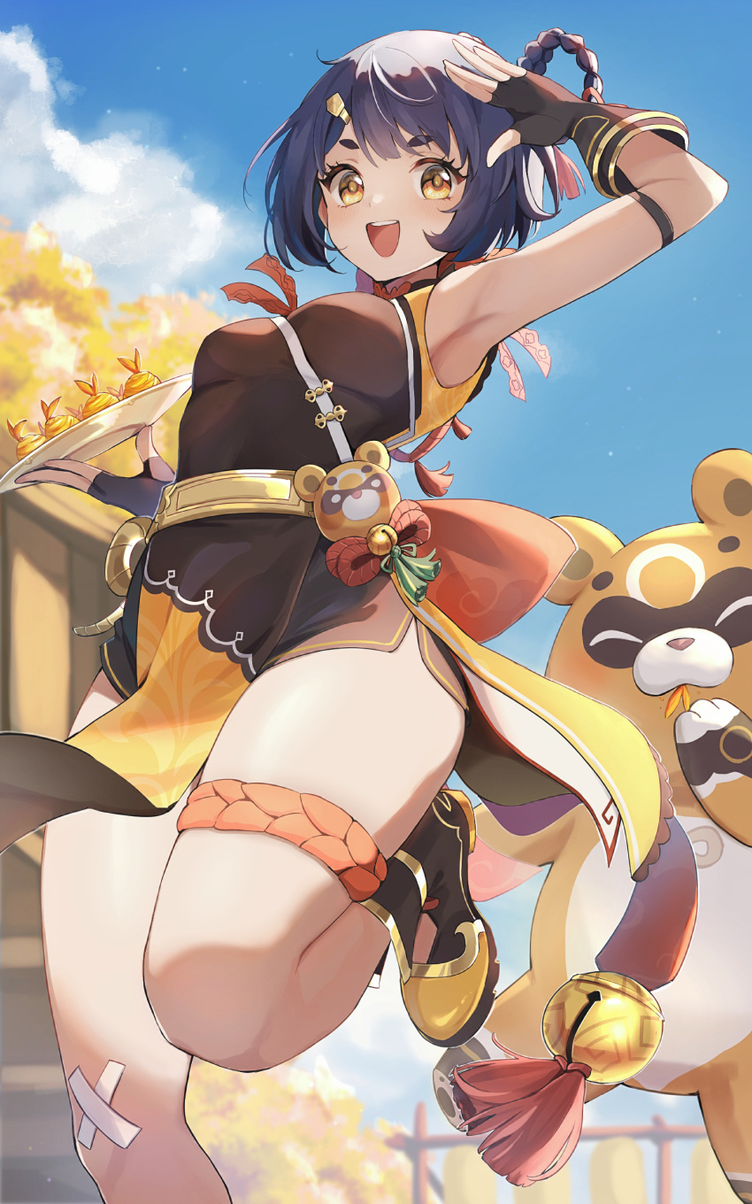 1girl absurdres arm_strap arm_up armpits bare_shoulders bell black_dress black_footwear blue_hair blue_sky boots breasts cloud commentary_request day dress foot_out_of_frame genshin_impact golden_shrimp_balls_(genshin_impact) guoba_(genshin_impact) highres holding holding_plate jingle_bell pelvic_curtain plate short_hair sky sleeveless sleeveless_dress small_breasts thigh_strap thighs ura_(hamburg_oniku) xiangling_(genshin_impact) yellow_eyes