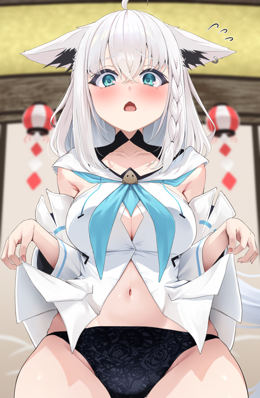 1girl absurdres ahoge animal_ears aqua_eyes armpit_crease ascot blush braid breasts cleavage cleavage_cutout clothing_cutout collarbone detached_sleeves earrings fox_ears fox_girl hair_between_eyes highres hololive jewelry large_breasts midriff mogmog_megmog navel open_mouth shirakami_fubuki shirakami_fubuki_(1st_costume) side_braid single_earring solo thighs virtual_youtuber white_hair