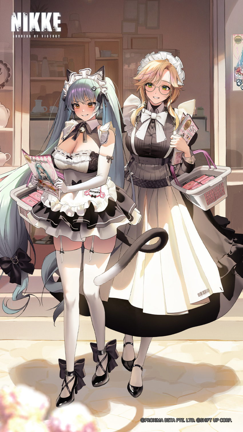 ade_(nikke) animal_ears apron artist_request basket black_dress black_footwear blue_hair blush breasts brown_eyes brown_hair cafe cat_ears cat_girl cat_tail cleavage closed_mouth cropped cup dress elbow_gloves embarrassed false_smile full_body garter_straps gloves goddess_of_victory:_nikke green_eyes highres holding holding_basket holding_flyer large_breasts long_hair long_sleeves looking_at_another maid maid_apron official_art outdoors privaty_(nikke) second-party_source shoes sidelocks smile standing tail teacup teapot teeth thighhighs twintails very_long_hair watermark white_apron white_gloves white_thighhighs