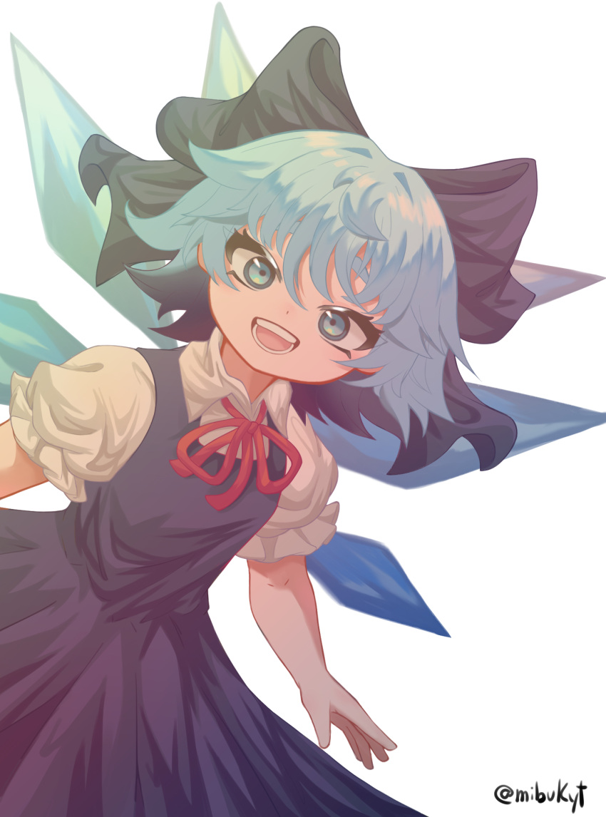 1girl blue_bow blue_dress blue_eyes blue_hair bow cirno collared_shirt dress hair_bow highres ice ice_wings looking_at_viewer mibukyt neck_ribbon open_mouth pinafore_dress puffy_short_sleeves puffy_sleeves red_ribbon ribbon shirt short_hair short_sleeves simple_background sleeveless sleeveless_dress teeth touhou twitter_username white_background white_shirt wings