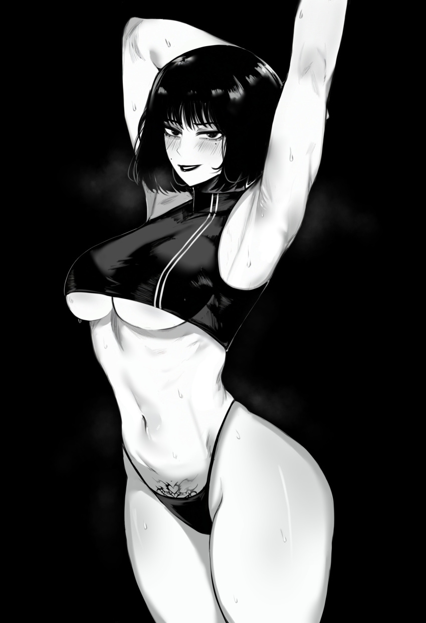 1girl absurdres arm_behind_head armpits arms_up blush breasts commission copyright_request crop_top greyscale highres large_breasts mole mole_under_eye monochrome navel panties parted_lips pubic_tattoo short_hair smile solo standing stomach sweat tattoo underboob underwear zovokia