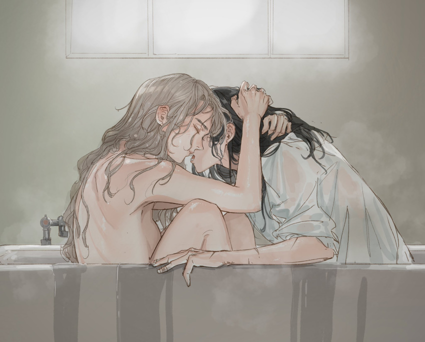 2girls bathing bathroom bathtub black_hair breasts brown_hair closed_eyes clothed_female_nude_female convenient_censoring deerwhisky highres hug imminent_kiss long_hair multiple_girls nude original overflowing overflowing_bath small_breasts teeth wet wet_clothes window yuri