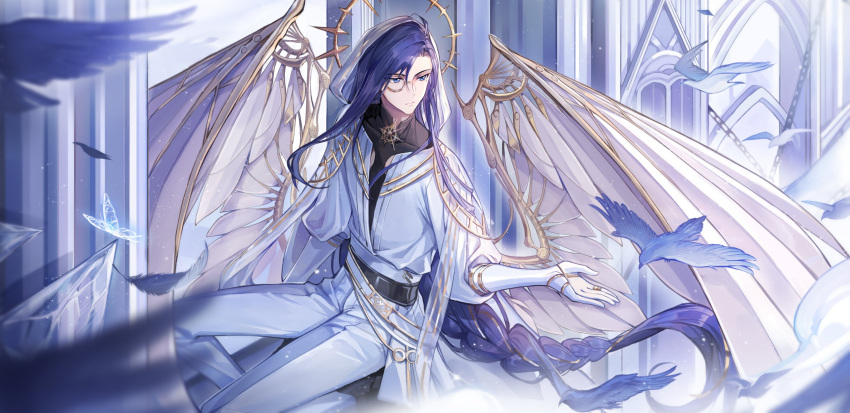 1boy angel angel_wings belt bird black_belt black_shirt blue_eyes blue_hair blurry braid bug butterfly cape chain clarence_clayden closed_mouth clothing_cutout dark_blue_hair depth_of_field expressionless feet_out_of_frame gloves gold_trim halo_behind_head highres hood hood_up hooded_cape jacket jewelry long_hair long_sleeves looking_at_animal looking_to_the_side lovebrush_chronicles low-braided_long_hair male_focus mechanical_wings mole mole_under_eye monocle open_hand pants parted_bangs pillar ring shirt single_braid sitting sitting_in_window sleeves_past_elbows solo stole swept_bangs very_long_hair white_cape white_gloves white_jacket white_pants white_wings wings zukiyn