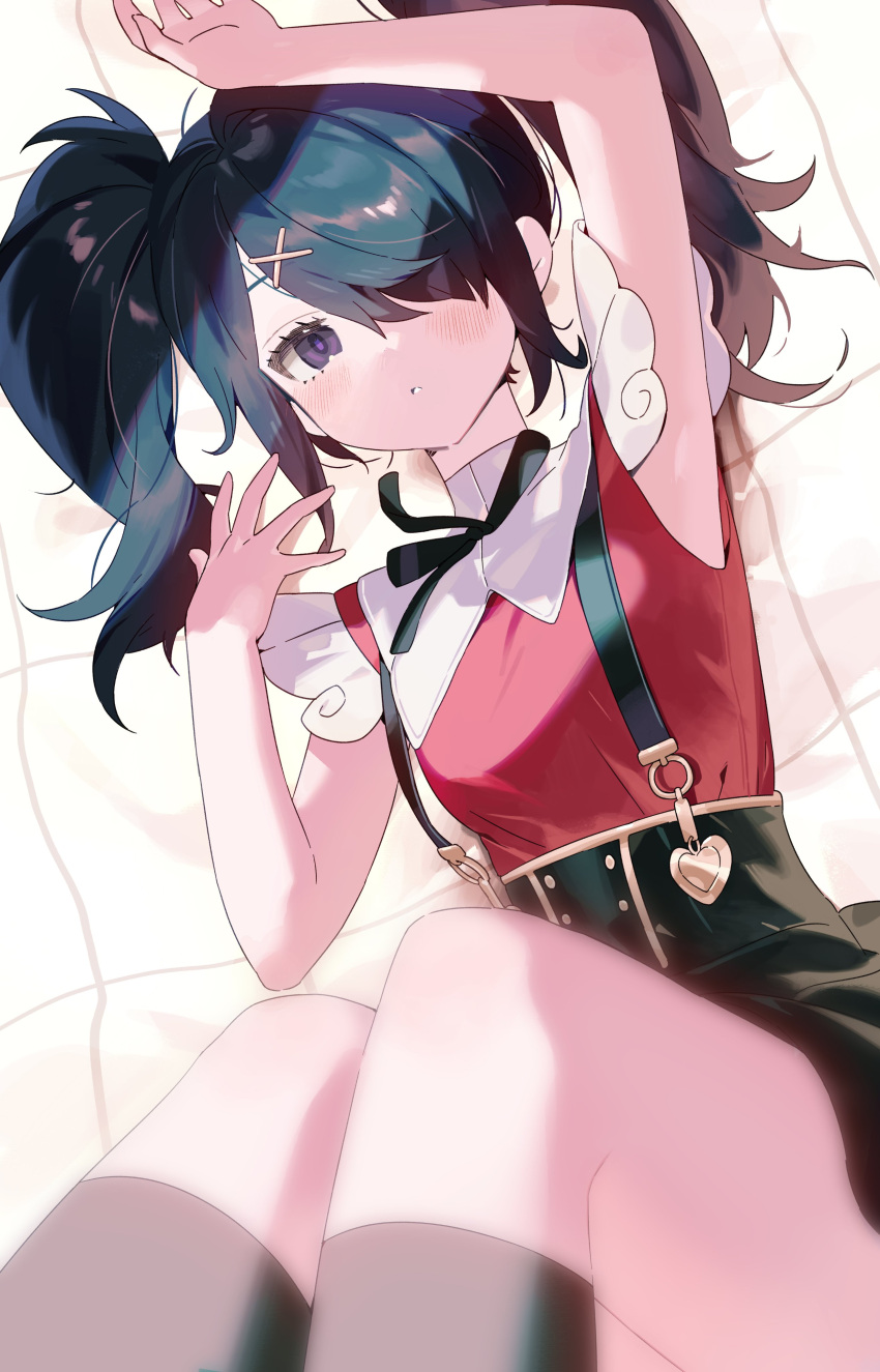 1girl absurdres ame-chan_(needy_girl_overdose) arm_up armpits black_hair black_skirt black_socks collared_shirt feet_out_of_frame hair_ornament hair_over_one_eye hand_on_own_head hand_up high-waist_skirt highres kneehighs legs_together looking_at_viewer needy_girl_overdose one_eye_covered purple_eyes red_shirt seoji shirt shirt_tucked_in short_hair short_twintails sidelocks simple_background skirt sleeveless sleeveless_shirt socks solo suspender_skirt suspenders twintails white_background x_hair_ornament