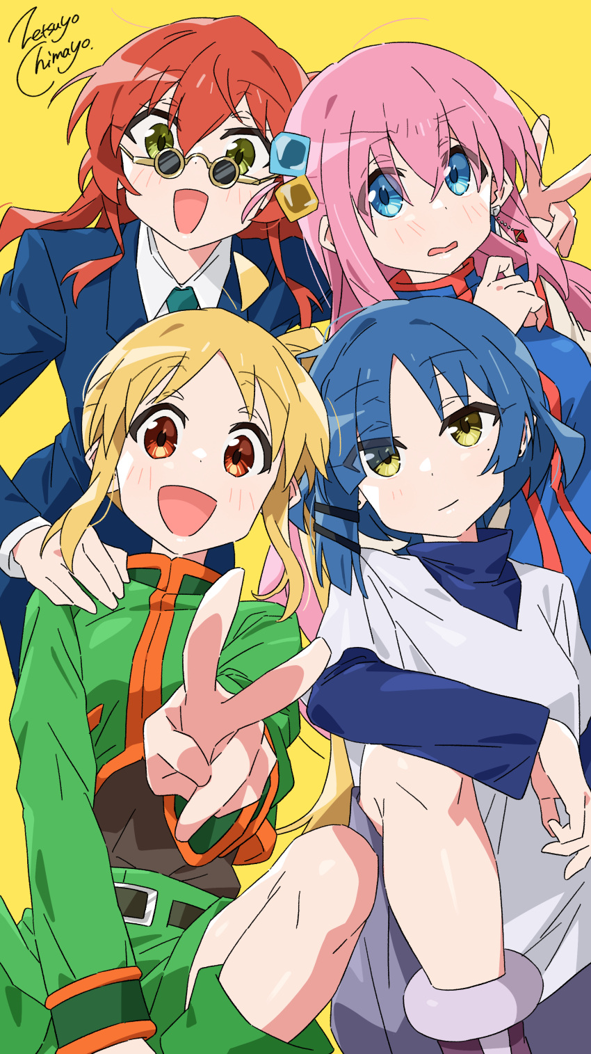 4girls :d absurdres artist_name blonde_hair blue_eyes blue_hair blush bocchi_the_rock! commentary cosplay cube_hair_ornament gon_freecss gon_freecss_(cosplay) gotoh_hitori green_eyes hair_ornament highres hunter_x_hunter ijichi_nijika killua_zoldyck killua_zoldyck_(cosplay) kita_ikuyo kurapika kurapika_(cosplay) leorio_paladiknight leorio_paladiknight_(cosplay) long_hair looking_at_viewer medium_hair mole mole_under_eye multiple_girls pink_hair red_eyes red_hair round_eyewear short_hair simple_background sitting smile sunglasses v yamada_ryo yellow_background yellow_eyes zetsuyo_chimayo