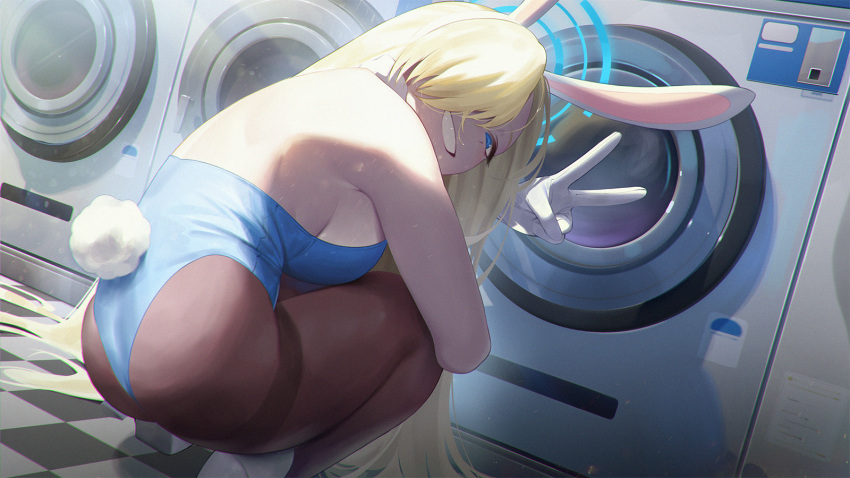 1girl animal_ears ass asuna_(blue_archive) asuna_(bunny)_(blue_archive) asymmetrical_bangs back backless_leotard bare_shoulders blonde_hair blue_archive blue_eyes blue_halo blue_leotard detached_collar fake_animal_ears fake_tail from_behind gloves hair_over_one_eye halo highres indoors leotard light_brown_hair long_hair looking_at_viewer looking_back official_alternate_costume pantyhose playboy_bunny pokoporoko rabbit_ears rabbit_tail smile solo squatting strapless strapless_leotard tail thighband_pantyhose v washing_machine white_gloves