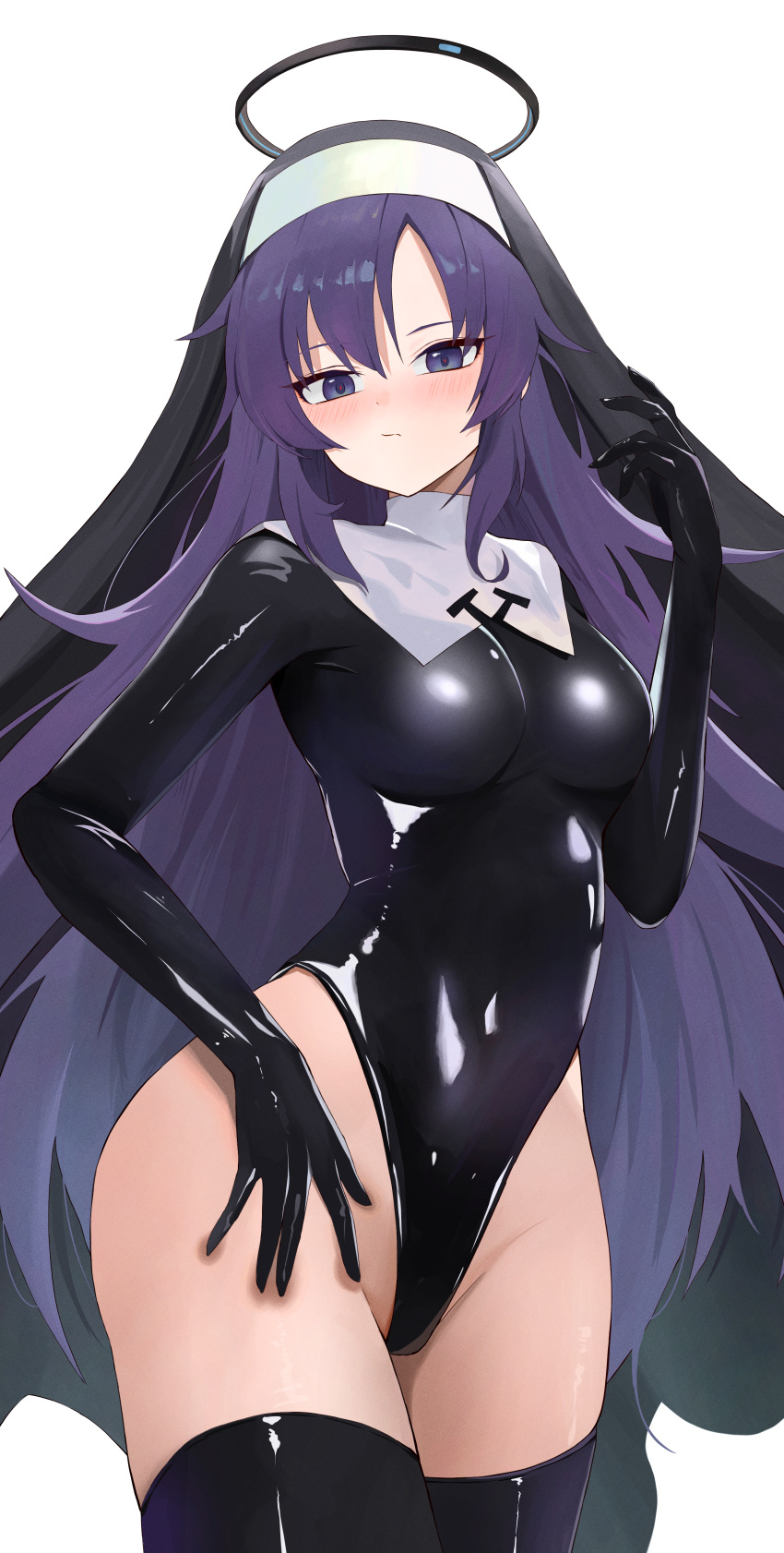 1girl \||/ absurdres aipa black_halo black_leotard black_thighhighs blue_archive blush breasts closed_mouth coif commentary_request cosplay covered_navel cowboy_shot curvy dot_nose expressionless gloved_sleeves groin hair_between_eyes hair_down halo hand_on_own_thigh hand_up highleg highleg_leotard highres justina_follower_(blue_archive) justina_follower_(blue_archive)_(cosplay) large_breasts latex latex_leotard latex_thighhighs leotard long_hair long_sleeves looking_at_viewer mechanical_halo nun purple_eyes purple_hair red_pupils shiny_clothes sidelocks simple_background solo thighhighs very_long_hair white_background yuuka_(blue_archive)