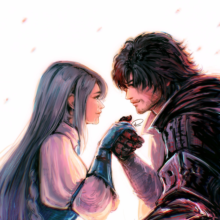 1boy 1girl armor beard_stubble black_cape black_hair braid cape chinstrap_beard clive_rosfield couple eye_contact facial_hair final_fantasy final_fantasy_xvi highres holding_hands jill_warrick long_hair looking_at_another puffy_sleeves scar scar_on_face short_hair simple_background stubble tearing_up tears xriviia