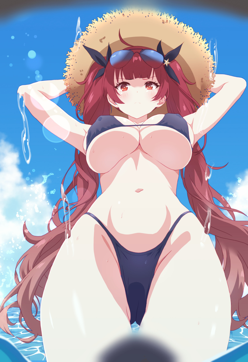 1girl absurdres arbiter1 azur_lane bikini black_bikini black_ribbon blue_sky breasts covered_nipples day eyewear_on_head from_below hair_ornament hat highres honolulu_(azur_lane) honolulu_(summer_accident?!)_(azur_lane) large_breasts long_hair looking_at_viewer official_alternate_costume outdoors red_eyes red_hair ribbon sky solo star_(symbol) star_hair_ornament straw_hat sunglasses swimsuit twintails very_long_hair wading water