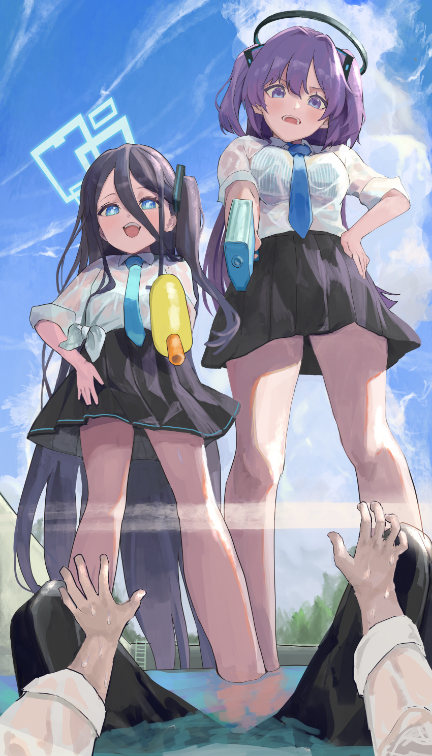 1boy 2girls absurdres aiming aiming_at_viewer aqua_necktie aris_(blue_archive) bare_legs black_hair black_skirt blue_archive blue_sky blush bra bra_visible_through_clothes breasts bright_pupils commentary_request day dezi from_below hair_between_eyes halo hand_on_own_hip highres holding holding_water_gun long_hair looking_at_viewer looking_down medium_breasts miniskirt multiple_girls necktie one_side_up open_mouth outdoors pleated_skirt pov pov_hands purple_hair school_uniform see-through see-through_shirt sensei_(blue_archive) shirt side-by-side skirt sky smile soaking_feet standing striped_bra striped_clothes teeth tied_shirt two_side_up underwear upper_teeth_only v-shaped_eyebrows vertical-striped_bra vertical-striped_clothes very_long_hair wading water_gun wet wet_clothes wet_shirt white_shirt yuuka_(blue_archive)