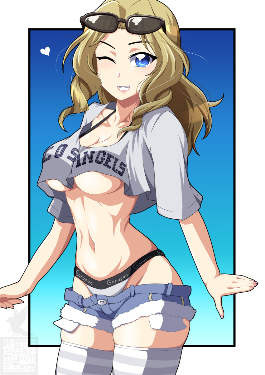 1girl artist_logo black_bra blonde_hair blue_eyes blue_shorts bra breasts casual commentary cowboy_shot cropped_shirt cutoffs denim denim_shorts eyewear_on_head girls_und_panzer grey_panties grey_shirt grey_thighhighs grin hair_intakes heart highres ichijou_takakiyo kay_(girls_und_panzer) large_breasts long_hair looking_at_viewer medium_hair micro_shorts navel one_eye_closed panties revealing_clothes shirt shirt_overhang short_sleeves shorts smile solo sports_panties standing striped_clothes striped_thighhighs sunglasses t-shirt thighhighs underboob underwear