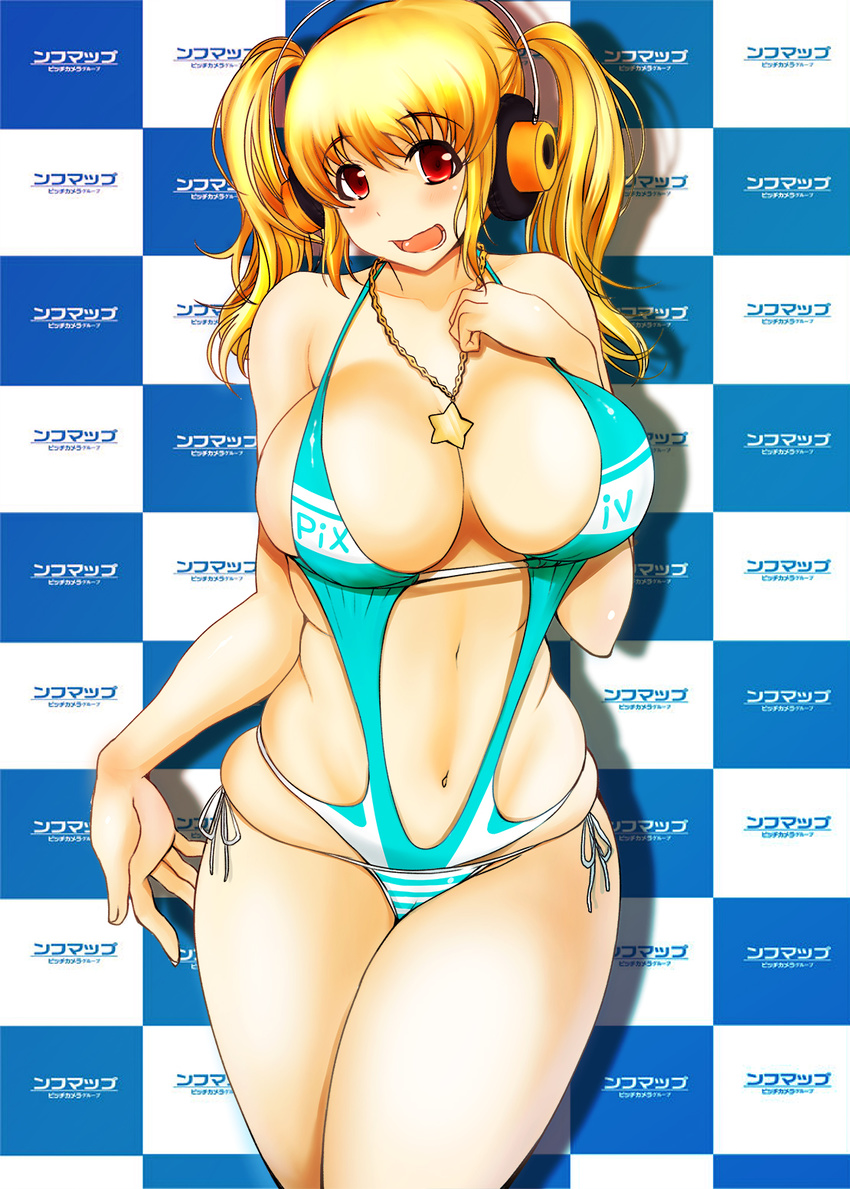 blonde_hair blush breasts hand_on_own_chest headphones highres large_breasts looking_at_viewer navel nitroplus niu_ju_(orange_bull) open_mouth plump red_eyes short_hair skindentation smile solo super_pochaco swimsuit thighs twintails