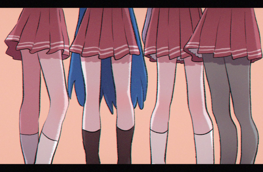 4girls black_socks blue_hair commentary_request hiiragi_kagami hiiragi_tsukasa izumi_konata legs long_hair lucky_star multiple_girls orange_background red_skirt ri_(qrcode) siblings simple_background sisters skirt socks takara_miyuki white_socks