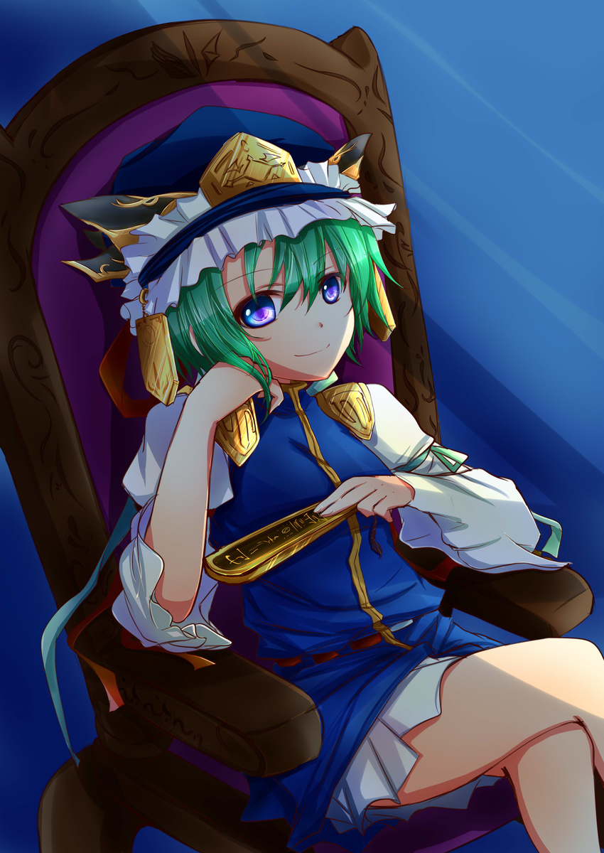 absurdres asyuaffw blue_background blue_eyes chair crossed_legs green_hair hat hat_ribbon head_rest highres light_beam long_sleeves looking_at_viewer ribbon rod_of_remorse shiki_eiki short_hair simple_background sitting skirt skirt_set smile solo touhou
