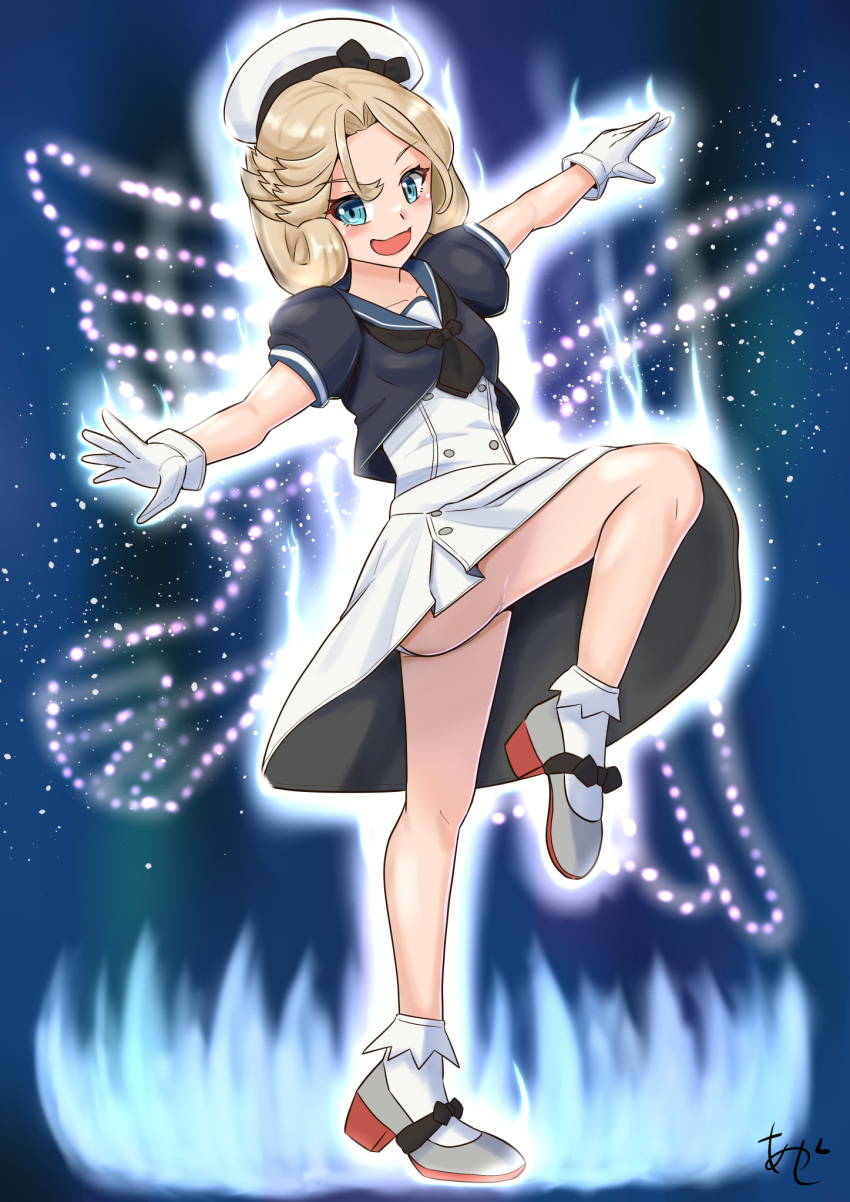 1girl akashieru aura black_jacket black_neckerchief blonde_hair blue_eyes blue_sailor_collar constellation cygnus_(constellation) cygnus_hyouga dress fighting_stance full_body gloves hat highres jacket janus_(kancolle) kantai_collection looking_at_viewer neckerchief night night_sky one-hour_drawing_challenge open_mouth outstretched_arms panties pantyshot parted_bangs sailor_collar sailor_dress sailor_hat saint_seiya short_hair short_sleeves sky solo standing standing_on_one_leg underwear white_dress white_gloves white_headwear white_panties