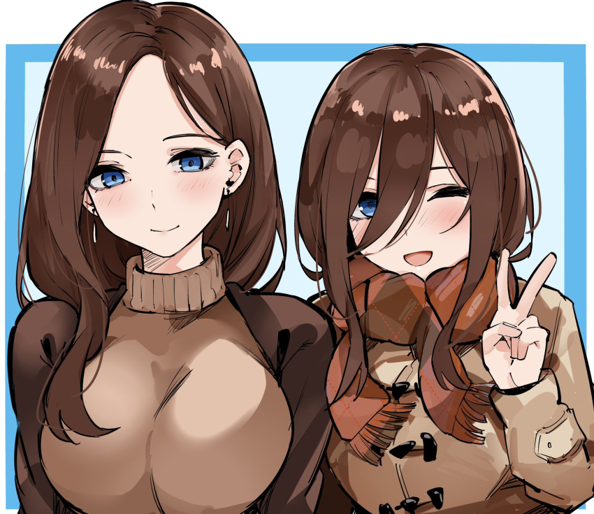 2girls aged_up before_and_after blue_eyes breasts brown_hair commentary_request earrings go-toubun_no_hanayome highres jewelry large_breasts long_hair mame1645 multiple_girls nakano_miku one_eye_closed open_mouth scarf smile turtleneck v