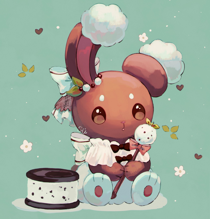 absurdres animal_focus artist_name bow bowtie brown_bow brown_bowtie brown_eyes brown_fur buneary clothed_pokemon commentary_request food green_background heart highres holding holding_stick ice_cream ice_cream_sandwich no_humans pawpads pokemon pokemon_(creature) rabbit simple_background sitting stick su_(sajo_su5) white_bow