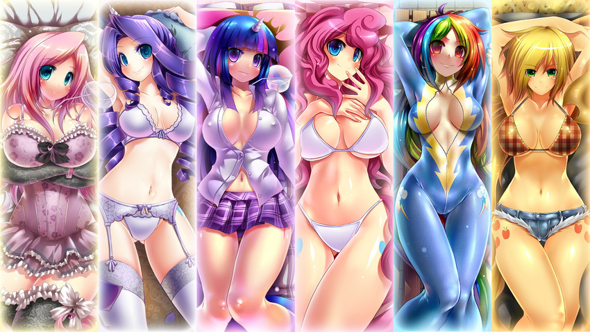 apple applejack aqua_eyes balloon bangs bare_shoulders bed black_bow blonde_hair blue_eyes blunt_bangs blush bodysuit bottle bow bra breasts buttons cleavage cloud collarbone covered_nipples cowboy_hat curly_hair cutie_mark denim drill_hair emperpep fingers flower fluttershy food frills fruit gloves green_eyes hat highres horn jeans jumpsuit large_breasts light_smile long_hair looking_at_viewer lying midriff multicolored_hair multiple_girls my_little_pony my_little_pony_friendship_is_magic navel orange_eyes panties pants parted_bangs personification pillow pink_hair pinkie_pie purple_eyes purple_hair purple_shirt purple_skirt rainbow rainbow_dash rainbow_hair rarity ribbon shirt sidelocks skirt smile streaked_hair swept_bangs thighhighs twilight_sparkle twin_drills twintails underwear underwear_only white_bow wide_hips wine_bottle