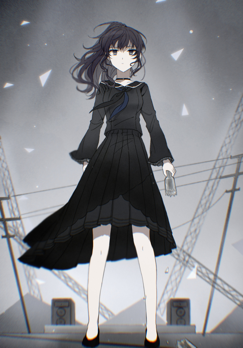 1girl asahina_mafuyu black_choker black_eyes black_footwear black_neckerchief black_sailor_collar black_shirt black_skirt breasts choker chromatic_aberration collarbone commentary floating_hair full_body half_updo highres long_hair long_sleeves medium_breasts neckerchief pleated_skirt power_lines project_sekai purple_hair sailor_collar shirt skirt solo standing symbol-only_commentary ye_(pixiv4862539)