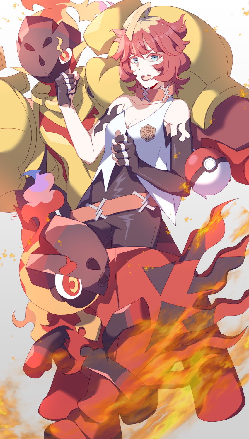 1girl absurdres armarouge black_bodysuit blonde_hair blue_eyes bodysuit breasts charcadet cleavage clenched_hand collarbone colored_eyelashes commentary_request evolutionary_line fire grey_background highres korean_commentary mela_(pokemon) multicolored_hair open_mouth poke_ball poke_ball_(basic) pokemon pokemon_(creature) pokemon_sv red_eyes red_hair standing stellaofastra team_star two-tone_hair v-shaped_eyebrows yellow_pupils
